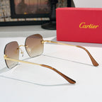 Cartier sunglasses with brown tinted lenses and gold metal frame, side view with arms