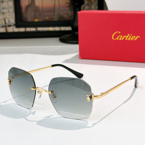 Cartier sunglasses with dark green tinted lenses and gold metal frame, front view