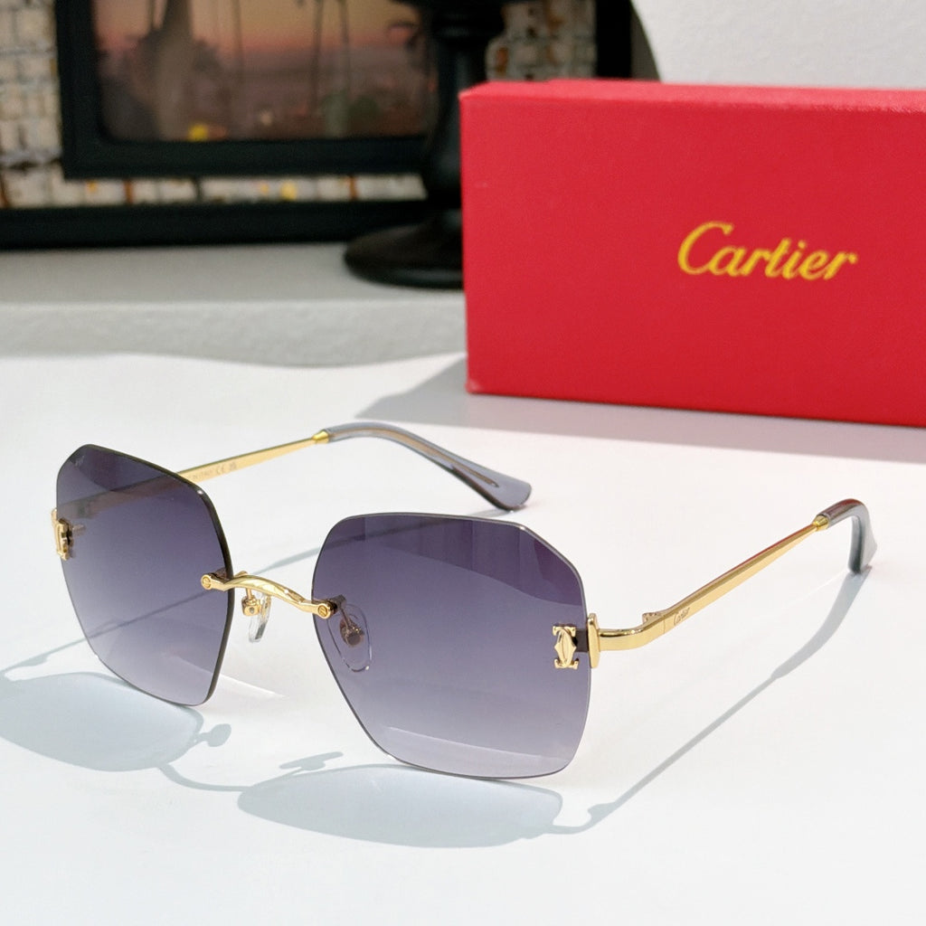 Cartier sunglasses with purple tinted lenses and gold metal frame, side profile