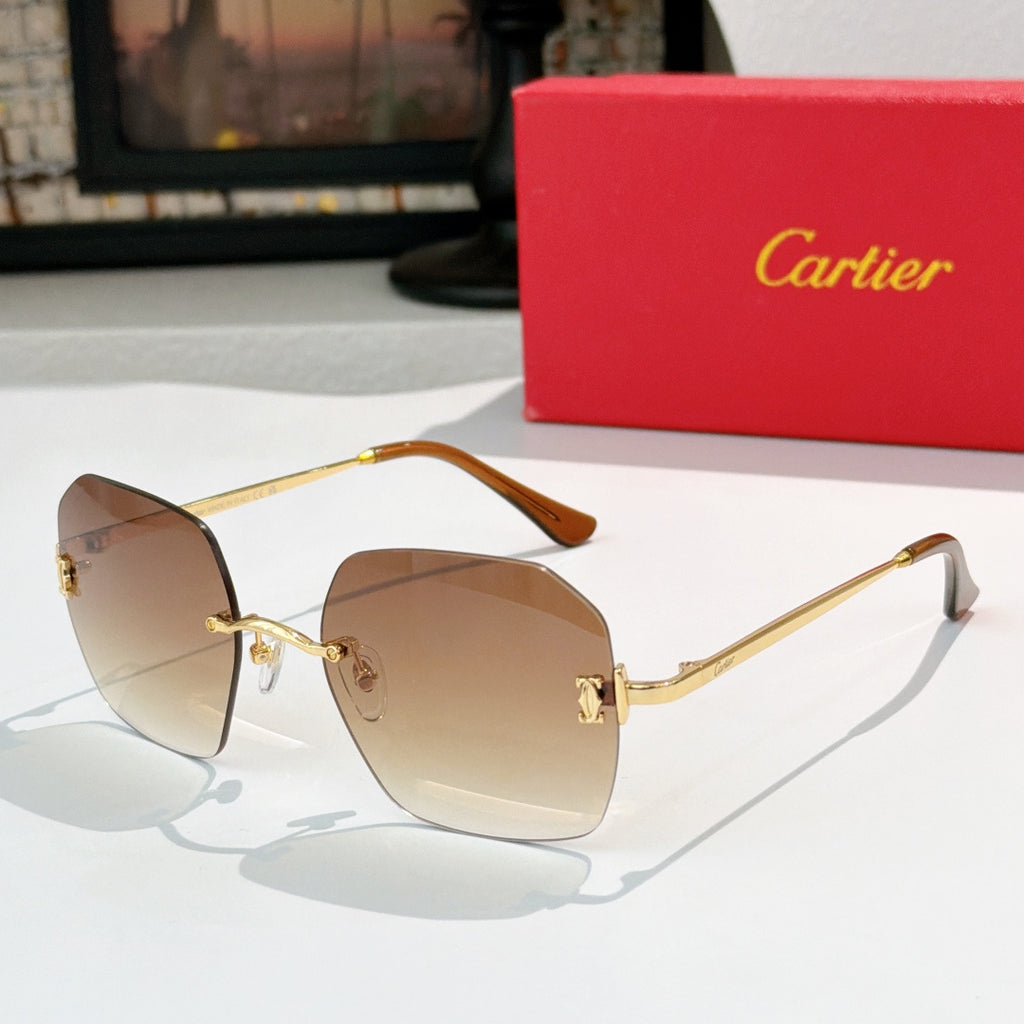 Cartier sunglasses with brown tinted lenses and gold metal frame, side profile