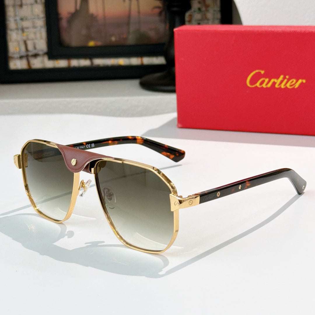 Cartier sunglasses with tortoiseshell frame, gold bridge, and smoke gray lenses.