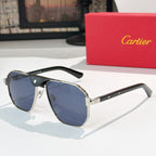 Cartier sunglasses with black frames, silver metal arms, and blue tint lenses.