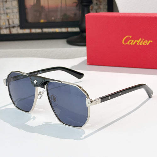 Cartier sunglasses with black frames, silver metal arms, and blue tint lenses.