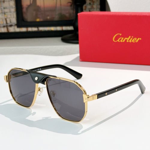 Cartier sunglasses with tortoiseshell arms, gold accents, and dark blue lenses.