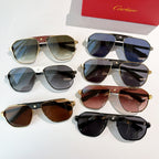 Cartier sunglasses assortment with blue, black, brown, and red tinted lenses.