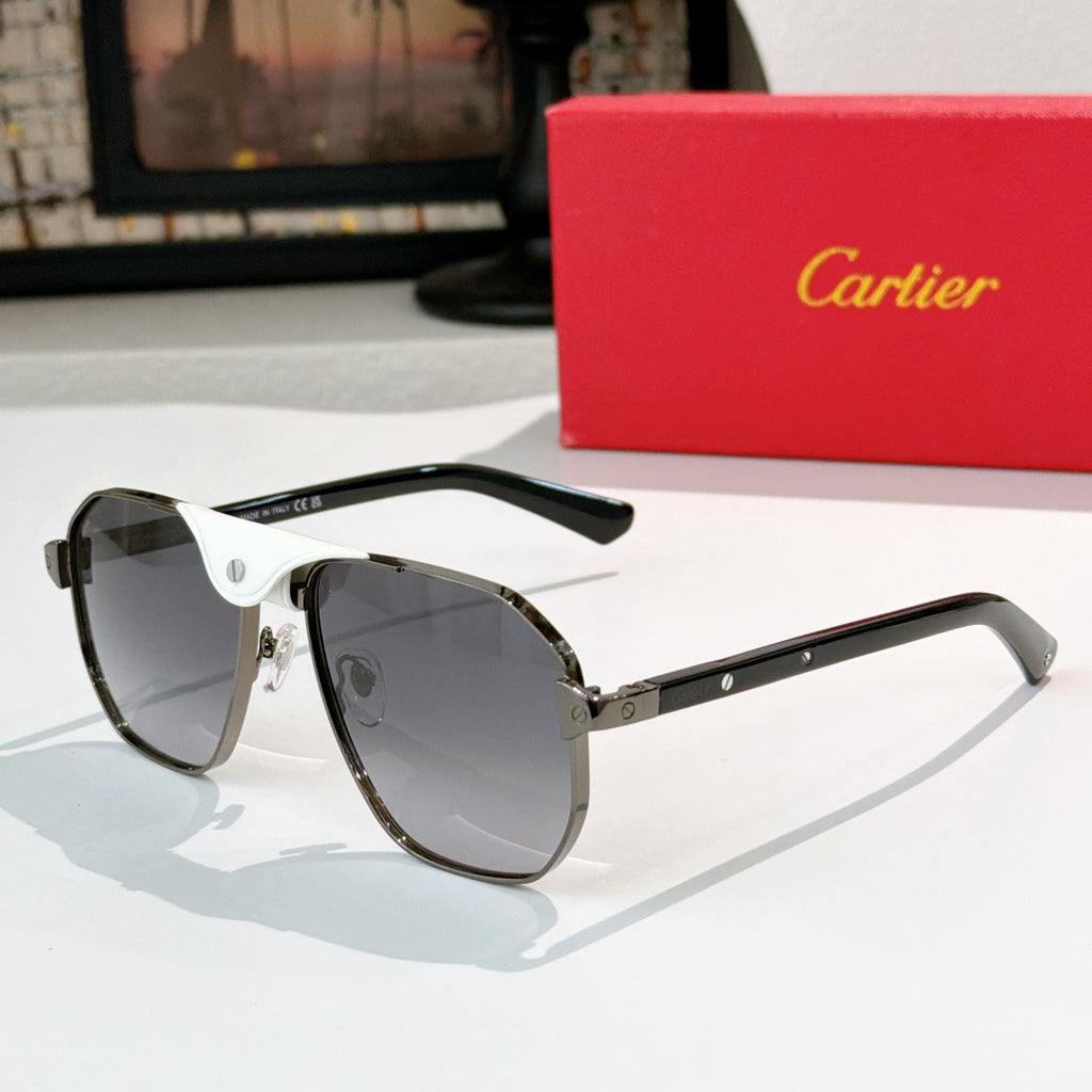 Cartier sunglasses with black frames, silver accents, and dark gray lenses.