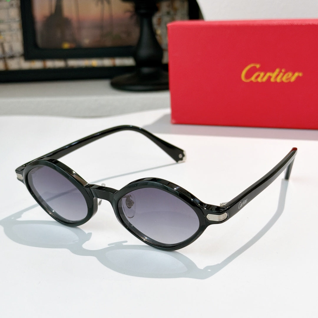 Cartier glasses with black round frames and gray-tinted lenses