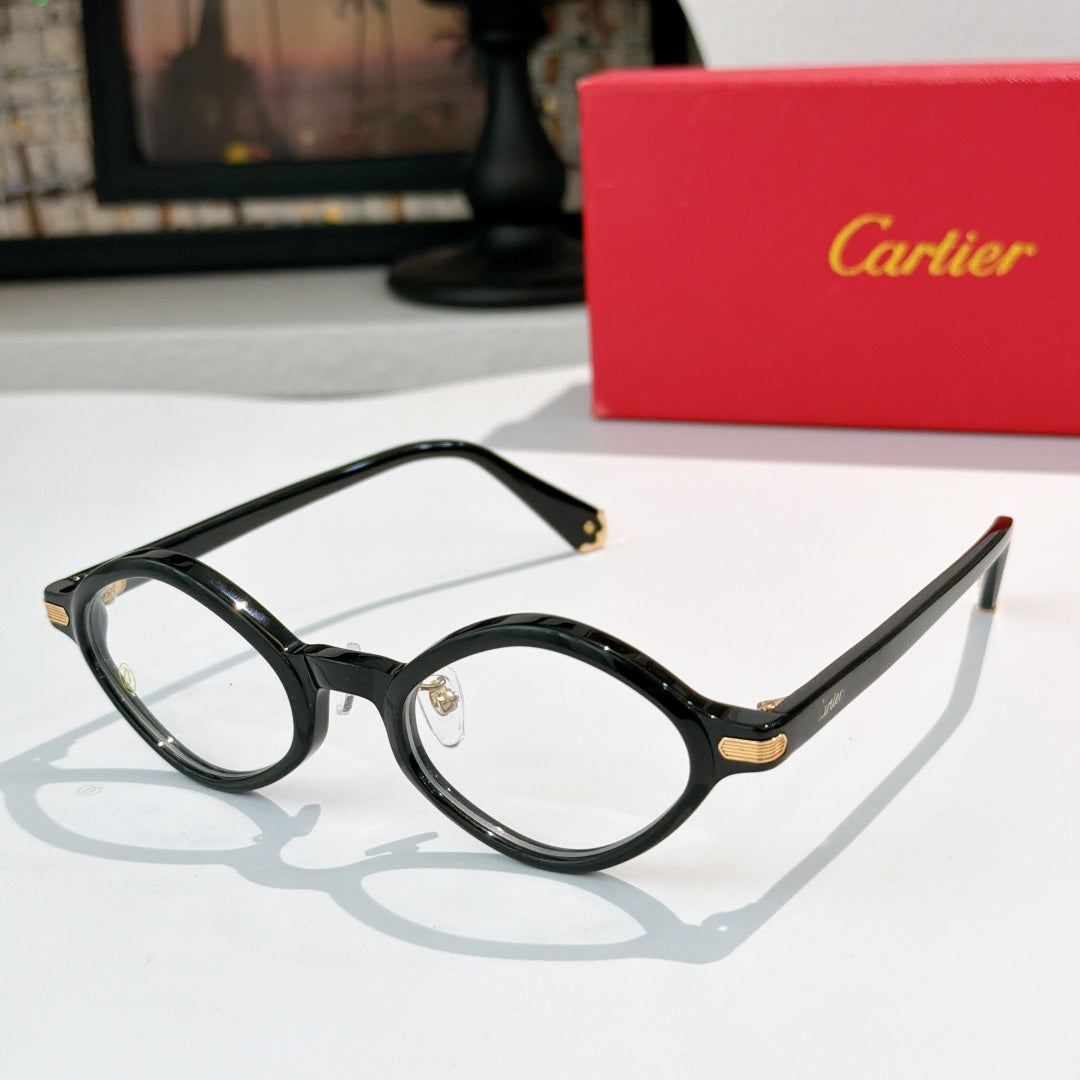 Cartier eyeglasses with dark round frames and gold-tone temples