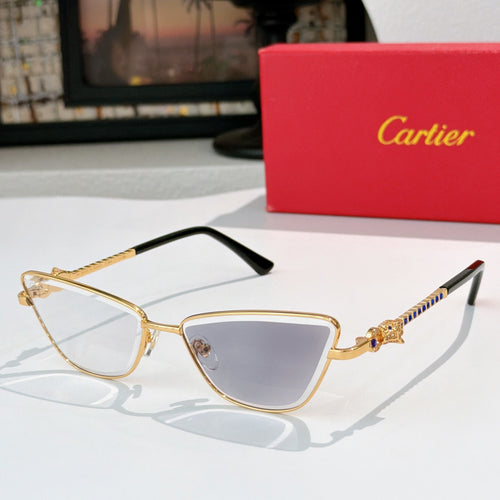 Gold-tone cat-eye eyeglasses with smoky lenses and dark temple tips