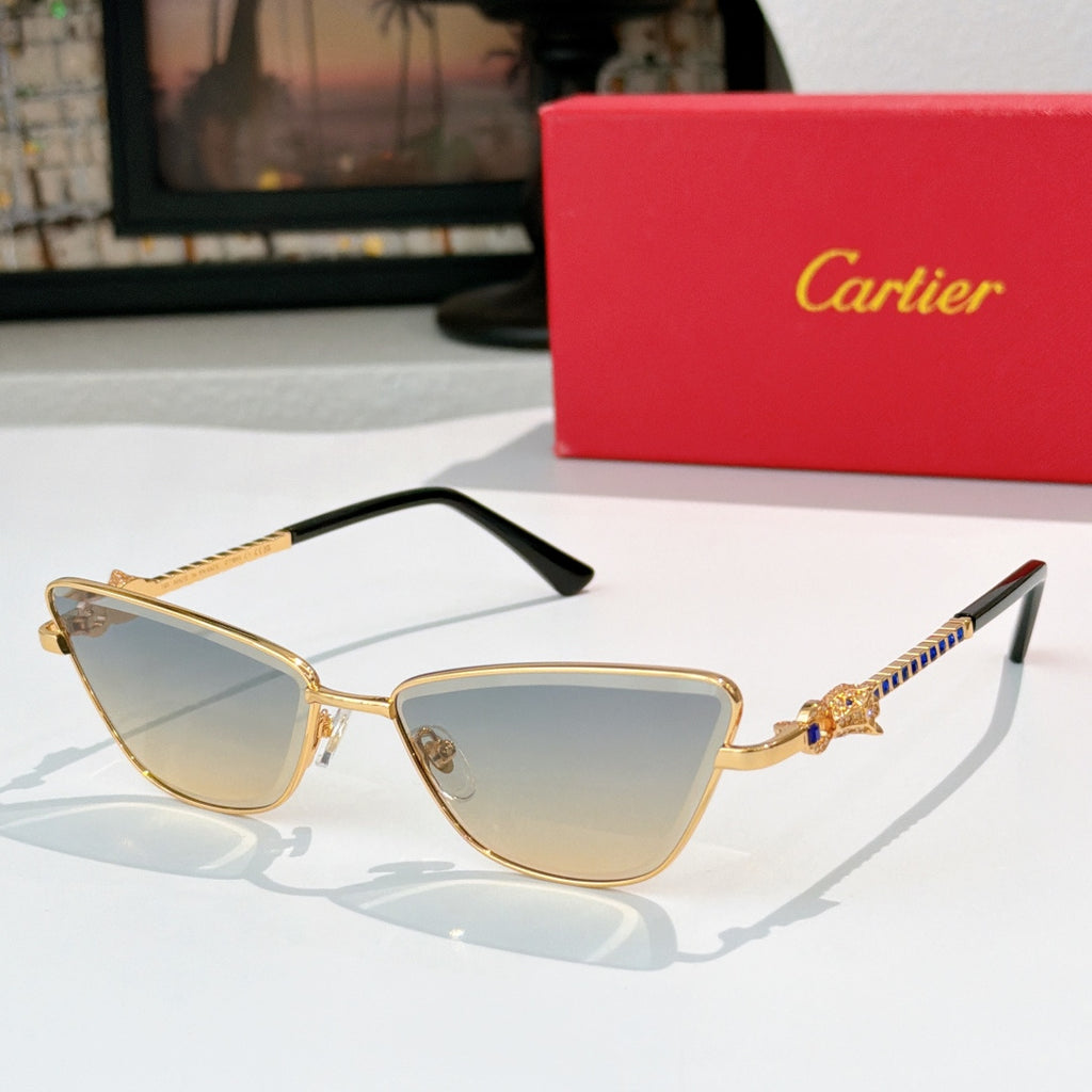 Gold-tone cat-eye eyeglasses with light gray tinted lenses and black temple tips