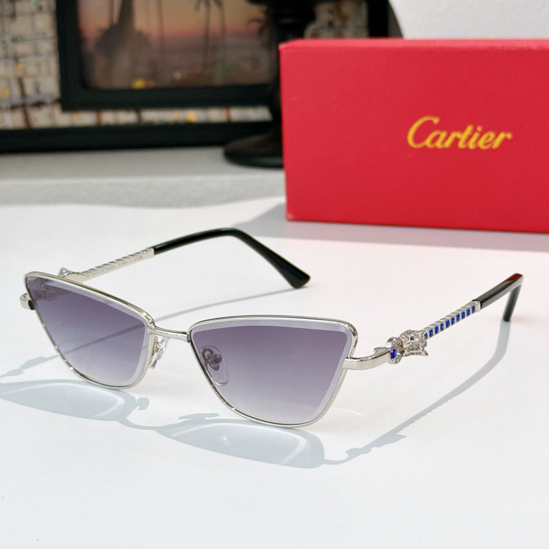 Silver-tone cat-eye eyeglasses with lavender tinted lenses and blue-accent temples