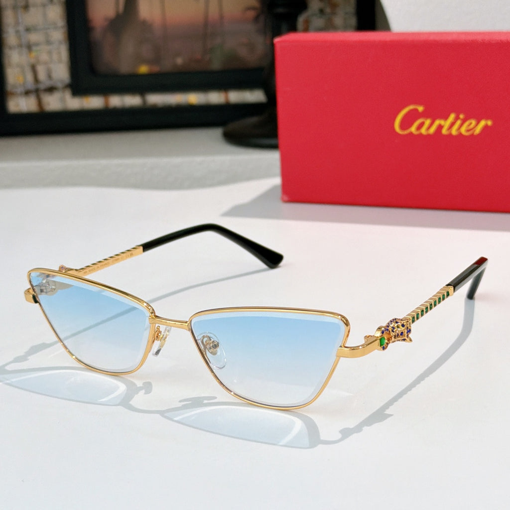 Light blue cat-eye eyeglasses with gold-tone frame and tinted blue lenses