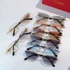 Assorted cat-eye eyeglasses with mixed frame colors and various tinted lenses