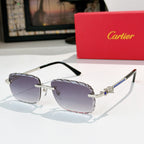Cartier sunglasses with gold frame and lavender tinted lenses, black temples.