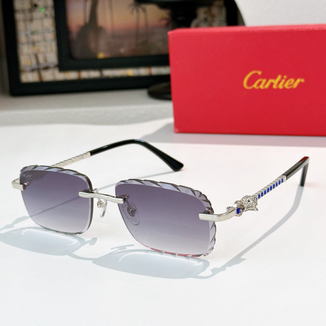 Cartier sunglasses with gold frame and lavender tinted lenses, black temples.