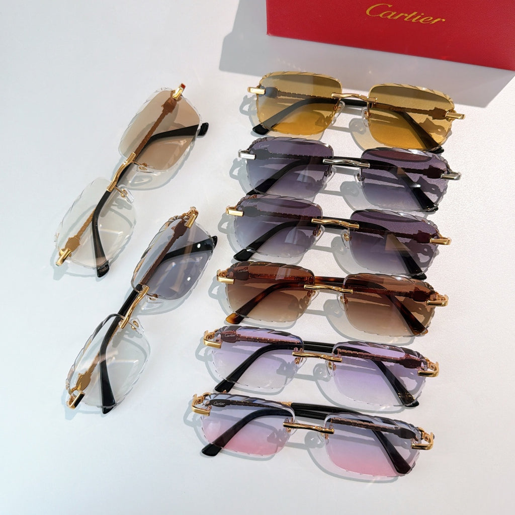 Cartier sunglasses set with mixed frames and tinted lenses, gold accents and black temples.