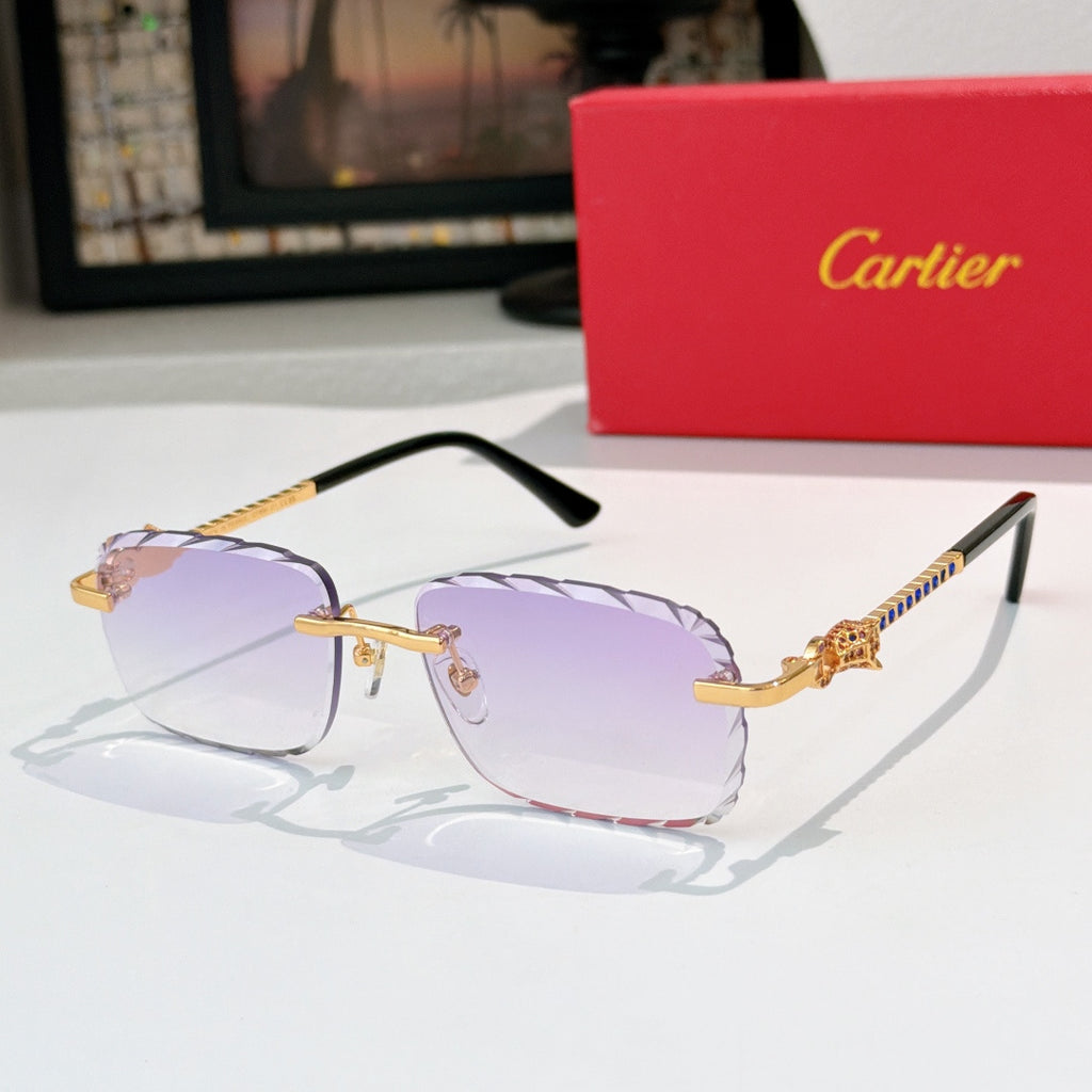 Cartier sunglasses with gold frame and pale purple tinted lenses, black temples.