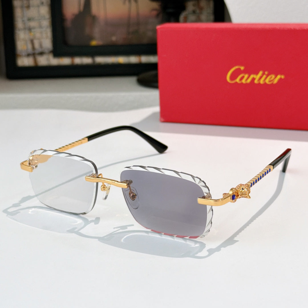 Cartier sunglasses with gold frame and cool gray tinted lenses, black temples.