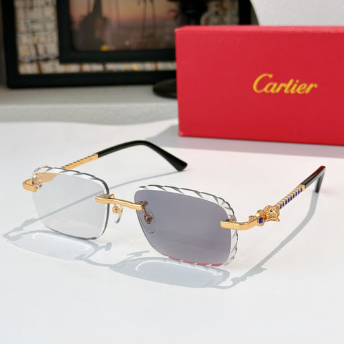 Cartier sunglasses with gold frame and cool gray tinted lenses, black temples.