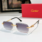 Cartier sunglasses with gold frame and purple tinted lenses, black temples.