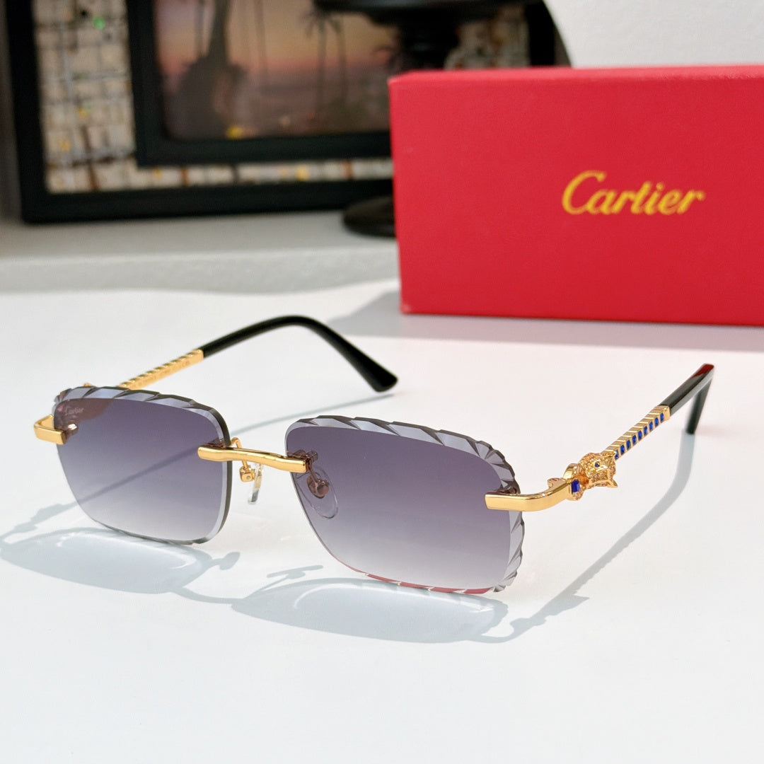 Cartier sunglasses with gold frame and purple tinted lenses, black temples.