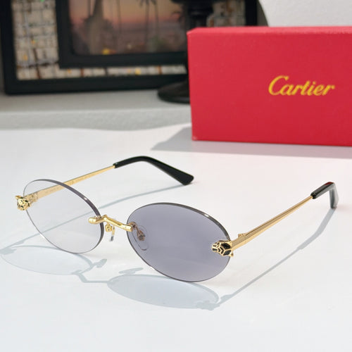 Cartier glasses with round gold metal frame and gray mirrored lenses, black temple tips