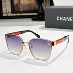 Chanel cat-eye sunglasses with purple tinted lenses, gold-tone frame and black temples