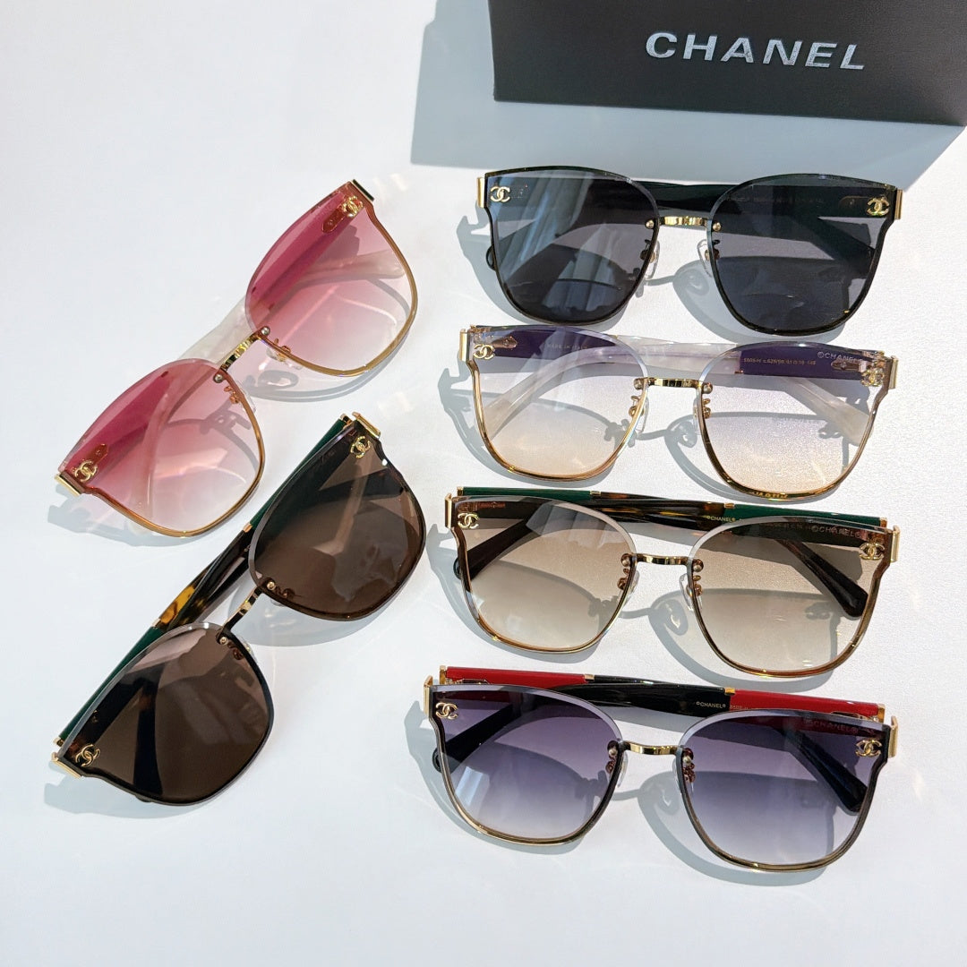 Chanel sunglasses assortment with tinted lenses and gold-tone frames, multiple color temples
