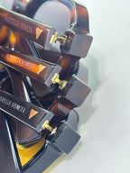 Sunglasses temples detail with brand etching and gold-tone hinges, close-up