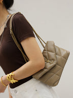 YSL quilted shoulder bag with flap, gold YSL logo, chain strap, beige
