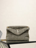 Gray YSL shoulder bag with gold chain strap and YSL logo on flap