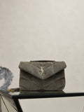 Gray suede shoulder bag with quilted flap, gold YSL logo, chain strap