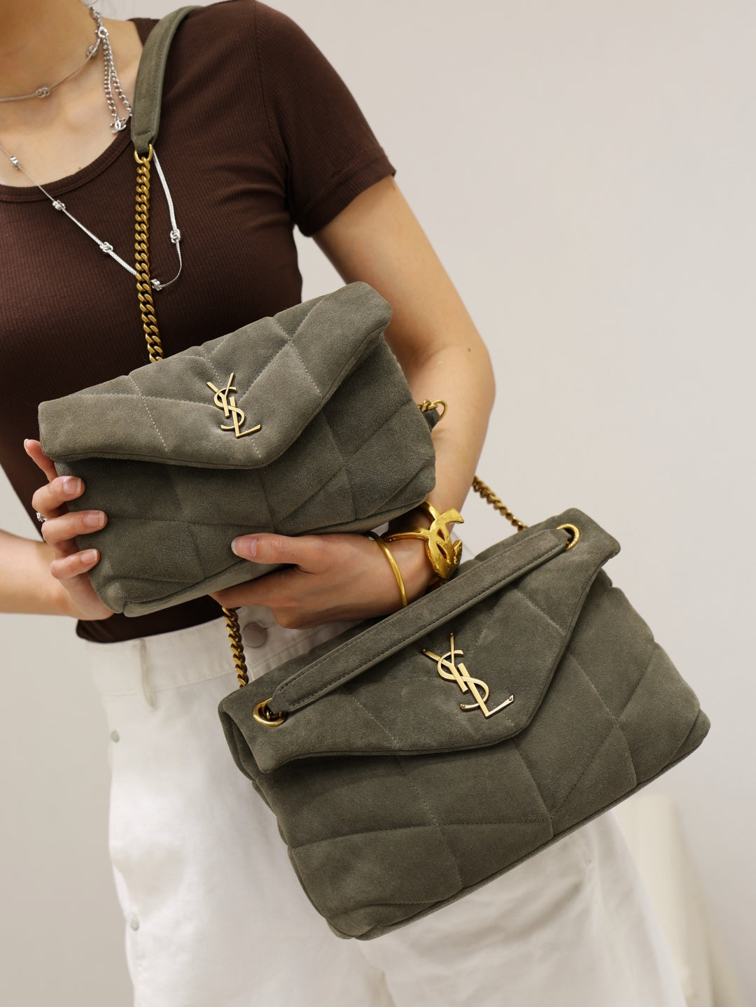 Quilted olive-gray shoulder bag with flap and gold YSL logo, chain straps