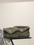 Quilted gray shoulder bag with flap, gold YSL logo, and chain strap