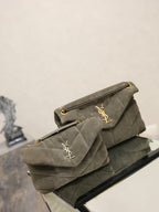 Matte gray quilted crossbody bag with flap and gold YSL logo, chain strap