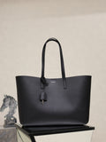 YSL black leather tote bag with top handles and hanging charm