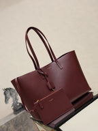 YSL burgundy tote bag with double top handles and front strap detail