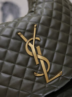 Quilted bag front with gold YSL logo emblem on dark olive leather
