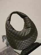 Quilted hobo shoulder bag with top opening and dark olive leather finish