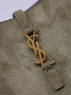 YSL bag in olive suede with gold YSL logo zipper pull detail