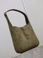 YSL bag in olive suede with long strap handle and front YSL zipper pull
