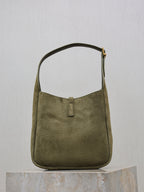 YSL bag in olive suede with top handle and front closure strap