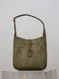 YSL bag in olive suede with top handle and front YSL zipper pull