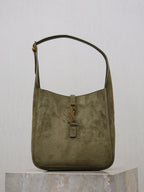 YSL bag in olive suede with top handle and front YSL zipper pull