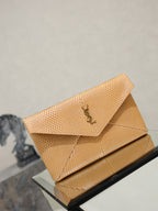YSL envelope clutch bag, textured tan with flap and gold-tone YSL logo