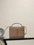 Taupe quilted mini bag with top handle and flap, gold-tone YSL hardware.