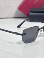 Cartier glasses close-up: dark temple with gold bridge detail and gray tinted lens