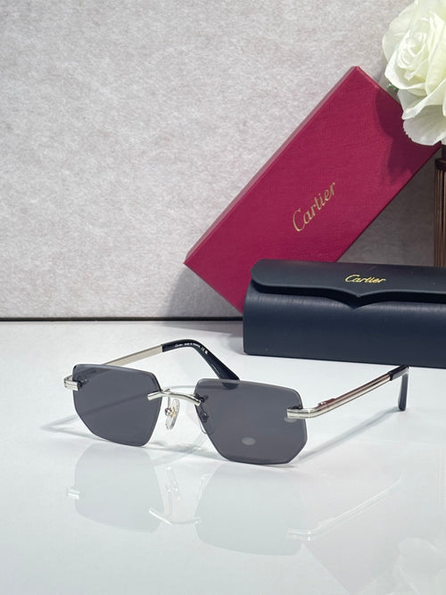 Cartier glasses with dark frames, gold metal arms, and gray tinted lenses on display