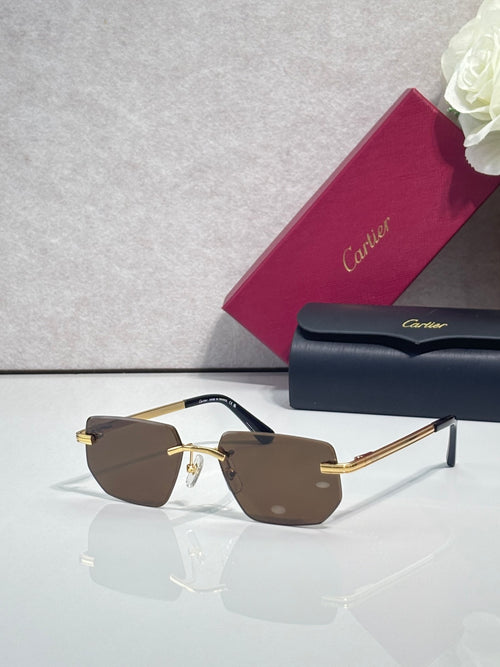 Cartier glasses with dark frames and gold temples, featuring brown tinted lenses