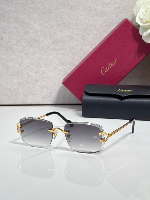 Cartier eyeglasses with dark frame, gold-tone metal, and gray gradient lenses